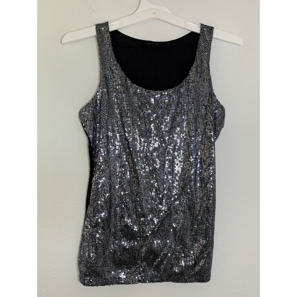 The Limited Women Silver Sequin Front Black Knit Back Tank Top Scoop Neck Small